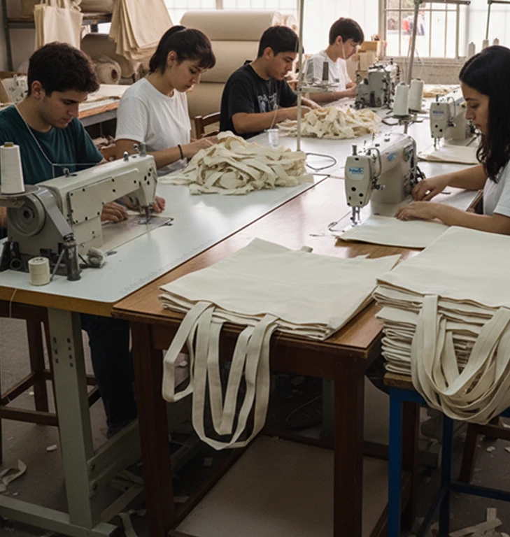 Área de armado de bolsas. bolsas tela tote bags produccion